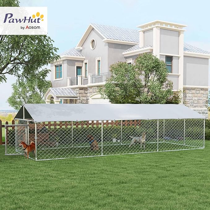 PawHut Outdoor Dog Kennel, Heavy Duty Dog Run Outdoor Fence with Waterproof Cover, Galvanized Chain Link, Secure Lock, for Large Sized Breeds, Chickens, Ducks, 20' x 7.5' x 5'