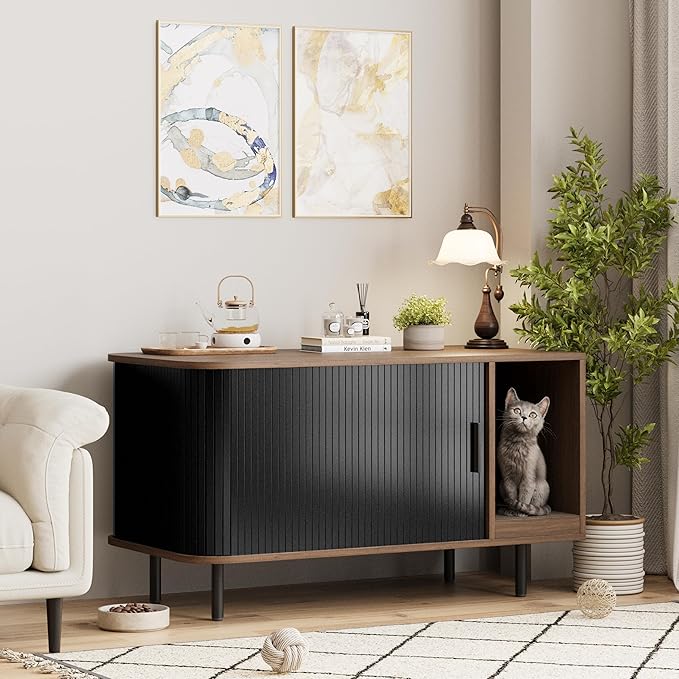 Cat Litter Box Enclosure with Cat Scratch Pad, Sliding Door, 37.4" Litter Box Enclosure Furniture Hidden Litter Box, Modern Indoor Cat House, TV Stand, Side End Table for Living Room, Black