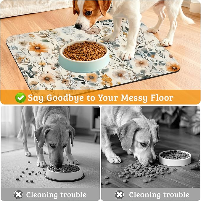 Vintage Flowers Dog Cat Food Mat,Herbs Absorbent Waterproof Placemat for Food and Water Non Slip Rubber Backing Durable Feeding Pad for Clean Floors 12" x 20"