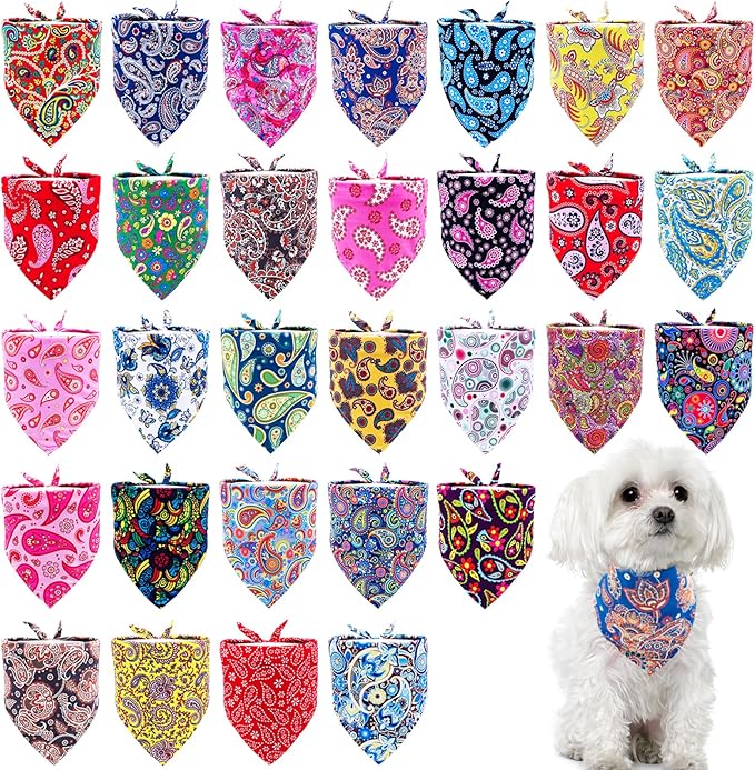 30 Pack Paisley Dog Bandanas for Small Dogs Stitch Bandanas Bulk Reversible Polyester Print One Side Dog Bandana Party Grooming S