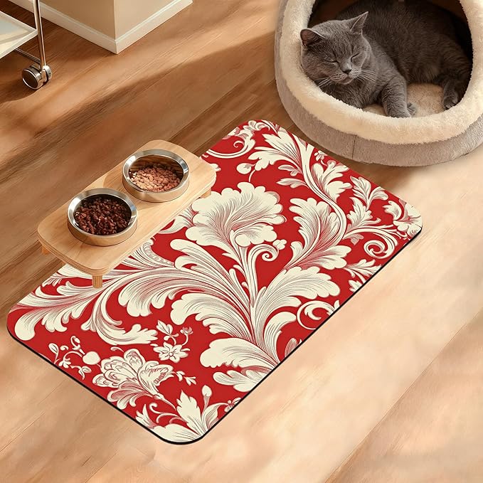 Red White Flower Feeding Mat,Paisley Absorbent Quick-Dry Cat Dog Food and Water Bowl Mats,Non-Slip Rubber Backing Mat,Cat Dog Accessories Supplies 12" x 20"