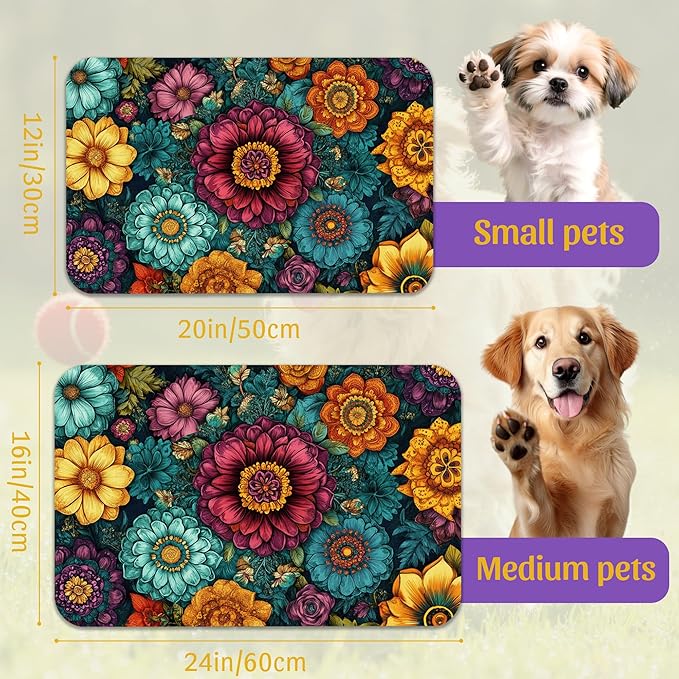 Vintage Floral Pet Feeding Mat, Fast-Dry Absorbent Dog and Cat Bowl Mat, Waterproof Rubber Base – 12x20 Inch