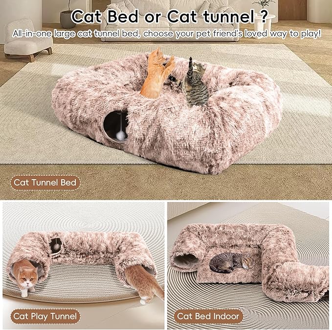 Extra Large Cat Tunnel Bed, 4 Ways Tunnels for Indoor Cats, Multi-cat Family Pet Bed & Cave, Plush Cat Donut with Washable Middle Mat, Exit Balls, Pet Play Toy for Kitten Puppy Rabbit, Brown