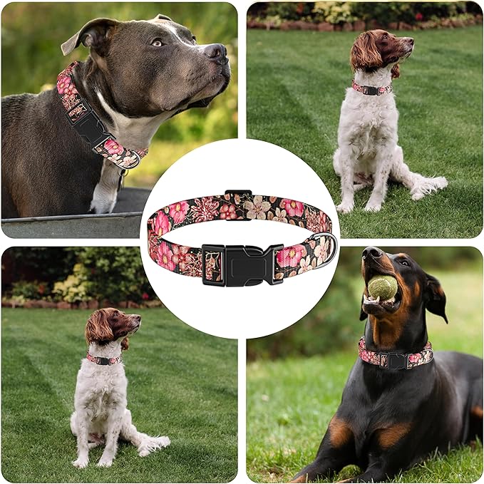 Dog Collar for Boys Girls, Flower Puppy Collar for Small Medium Large Dogs, Adjustable Soft Floral Pattern Pet Collar with Safety Buckle for Male Females(Red Floral,XS)