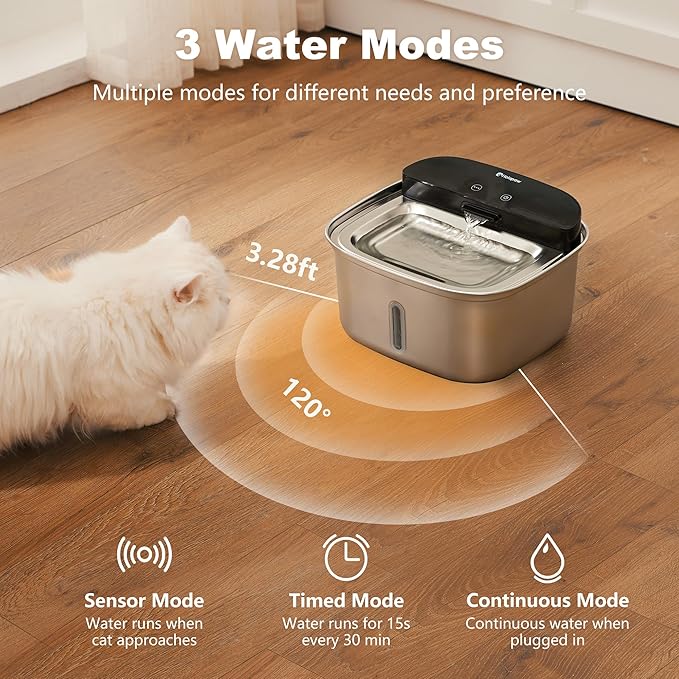 Wireless Cat Water Fountain Stainless Steel, 128oz/3.78L Cordless Automatic Water Dispenser for Cats and Dogs, Battery Operated Drinking Fountain for Pets with Motion Sensor, Ultra Quiet Pump