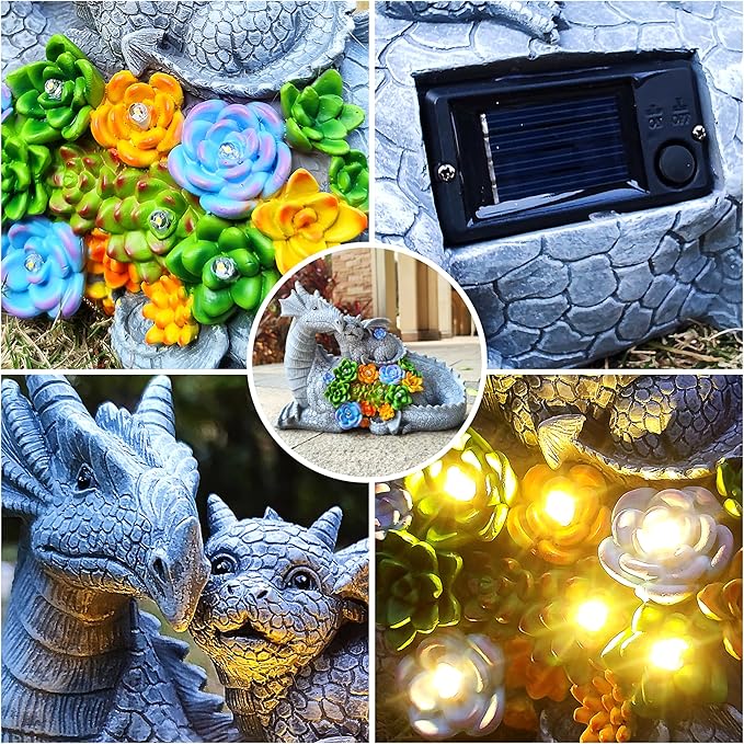 Dragon Solar Garden Statues Outdoor Decoration with Succulent and 6 LED Lights,Dragon Figurine Solar Lights Lawn Décor,Outside Statue Ornament for Patio, Balcony, Yard,Unique Gift for Mom