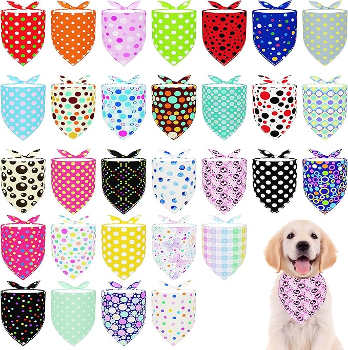 30 Pcs Polka Dot Dog Bandanas for Small Dogs Medium Stitch Dog Bandana Bulk Reversible Print One Side Large Polyester Scarves Party Grooming M