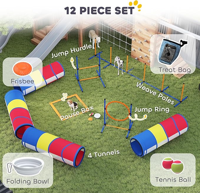 PawHut Dog Agility Training Equipment, 12-Piece Dog Obstacle Course with Adjustable Hurdle & Ring, 4 Tunnels, Weave Poles, Pause Box, Treat Bag, Bowl and Carrying Bag for Indoor Outdoor Use
