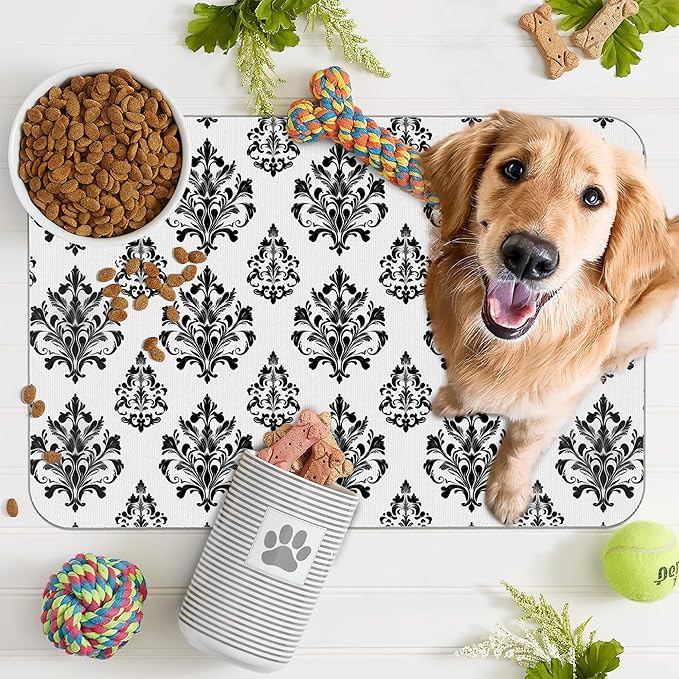 Vintage Damask Flower Dog Cat Food Mat,White Black Floral Absorbent Pet Feeding Mat for Food and Water,Non-Slip Dog Bowl Mats Floor Protector 12"x20"