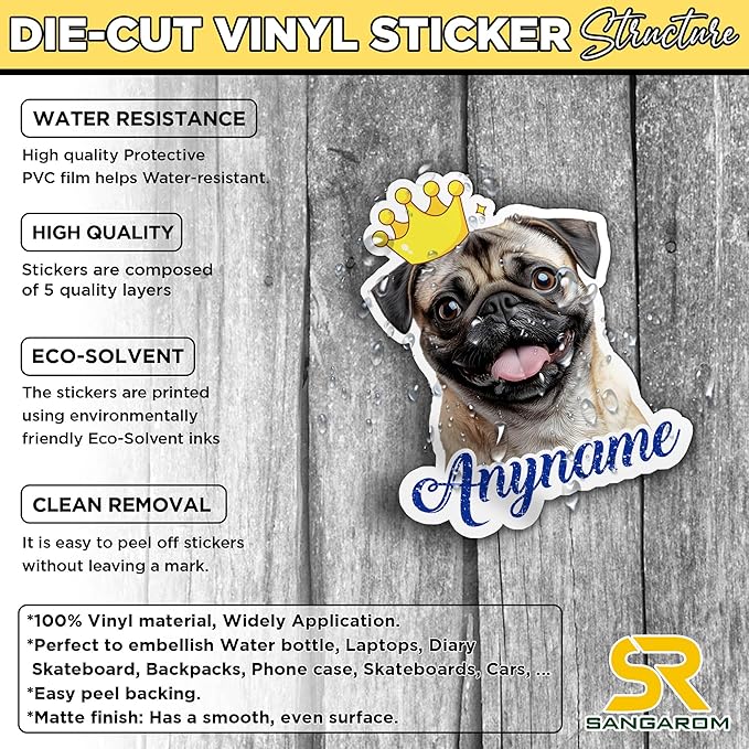 Custom Pet Name Sticker Personalized Text Face Photo Crown King Queen Animal Lovers Decal Waterproof Die Cut Vinyl & Transparent DTF Decal for Laptop Helmet Car Cup Phone Tablet for Male Female