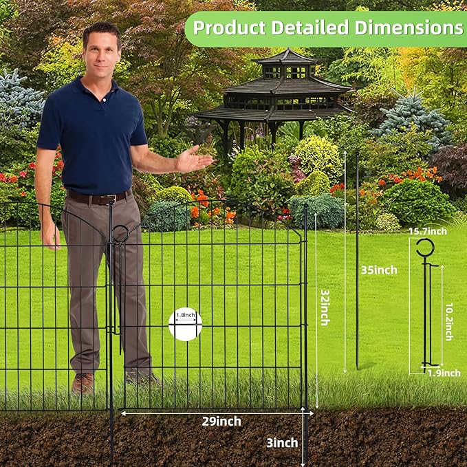 Decorative Garden Fence 32in (H) x12ft (L), 5 Pack No Dig Fence Animal Barrier for Dog with Lock, Arched Flower Bed Edging, Wire Border Panel Fencing for Yard Patio Outdoor Decor