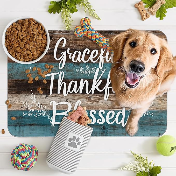 Thankful Grateful Blessed Dog Cat Food Mat,Vintage Wooden Absorbent Pet Feeding Mat for Food and Water, Non-Slip Dog Bowl Mats Floor Protector 12"x20"