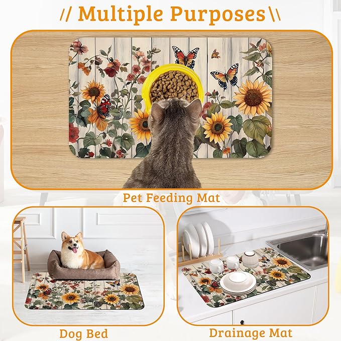 Pet Feeding Mat,Vintage Flower Absorbent Dog Cat Food Mat Rustic Wooden Dog Mat with Rubber Backing,Non-Slip Water Bowl Placemat,Pet Supplies 16" x 24"