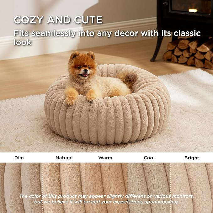 Bedsure ComfyFleece™ Donut Small Dog Bed - Dog Beds for Small Dogs with Corduroy Fleece & Anti Slip Bottom, Round Faux Fur Pet Beds with Washable Removable Cover, Sandy Beige, 23x23x7 inches