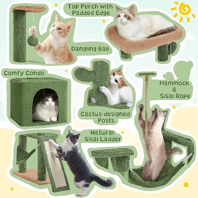 Yaheetech 63in Cactus Cat Tree, Multi-Level Tall Climbing Tower with Sisal-Covered Scratching Posts & Condo & Hammock, Pet Furniture Activity Center for Kitten