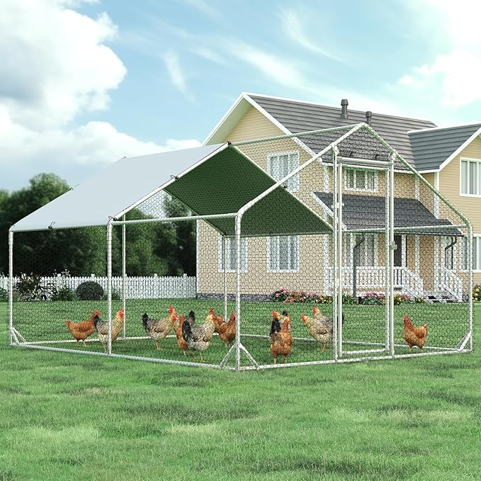 4ever2buy Large Metal Chicken Coop with Run Walk-in Poultry Cage Chicken Runs House Pen Cage Spire Roofed Chicken Coops with Anti-Ultraviolet Cover for Outdoor Yard Farm Use 9.8’L x 13.1’W x 6.4’H