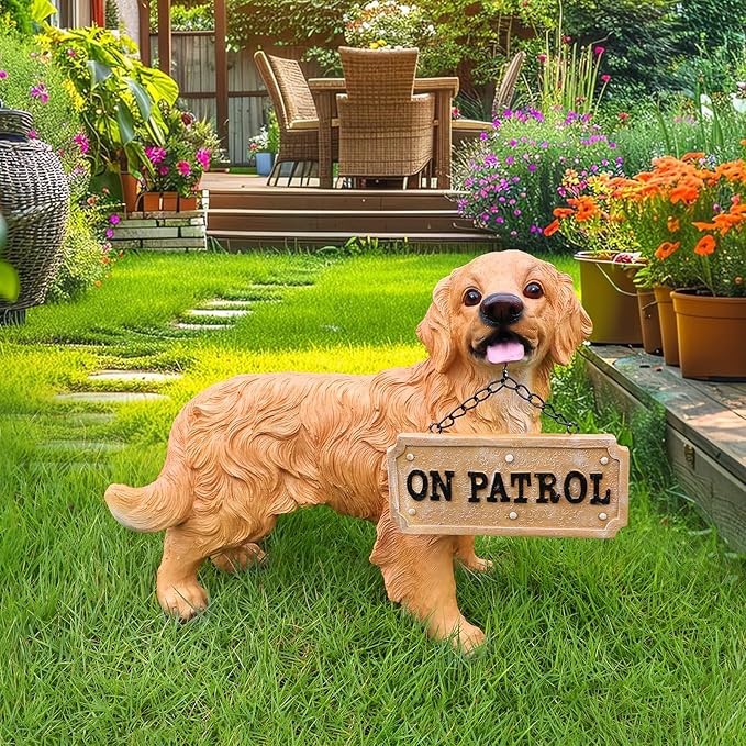 Golden Retriever Statue Outdoor Decorations – Outdoor Dog Statue Standing Golden Retriever with Removable Solar Light & Welcome Sign for Patio Décor