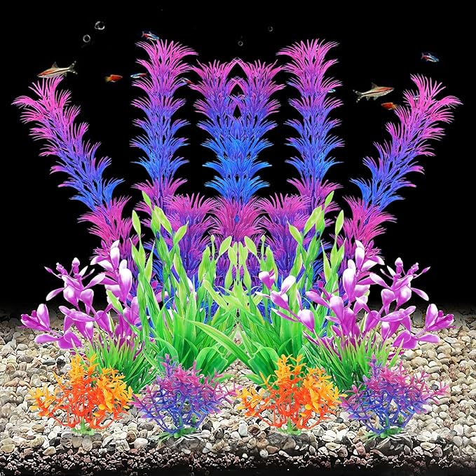 AQUANEAT Artificial Fish Tank Plants, Aquarium Decorations, Purple Plastic Accessories, 10pcs