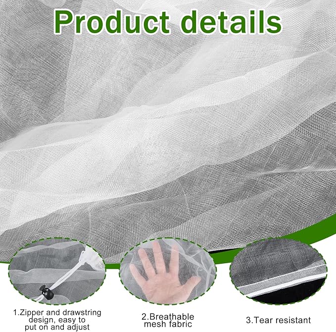 3 Pcs Round Tomato Cage Bird Netting Plant Cover, 59" x 15.7" Insect Bird Barrier Tomato Cage Protection Cover with Zipper & Drawstring for Protecting Tomatoes, Fruit, Trellis Plants