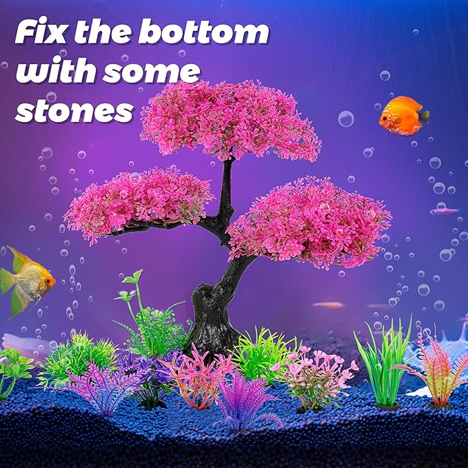 Ameliade Aquarium Artificial Plastic Plants Decoration, Pink Cherry Blossom Tree Aquarium Decor Set, Goldfish Betta Fish Tank Decorations Hides Accessories（Pink