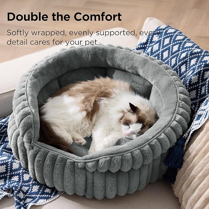 Bedsure ComfyFleece™ Cat Bed, Washable Round Cute Cat Beds for Indoor Cats, Super Soft Corduroy Pet Bed for Puppy and Kitten with Anti-Slip Bottom, 23''x23''x8.5'', Warm Gray
