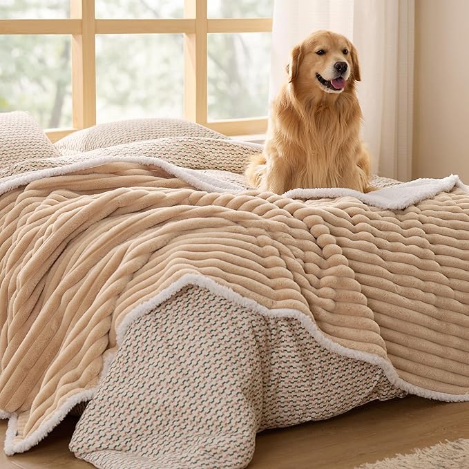 Bedsure ComfyFleece™ Waterproof Dog Blankets for Large Dogs - Soft Pet Cat Blanket Corduroy Fleece for Bed Protector Washable, Cozy Calming Reversible Furniture Protection,60"x80", Tuscan Beige