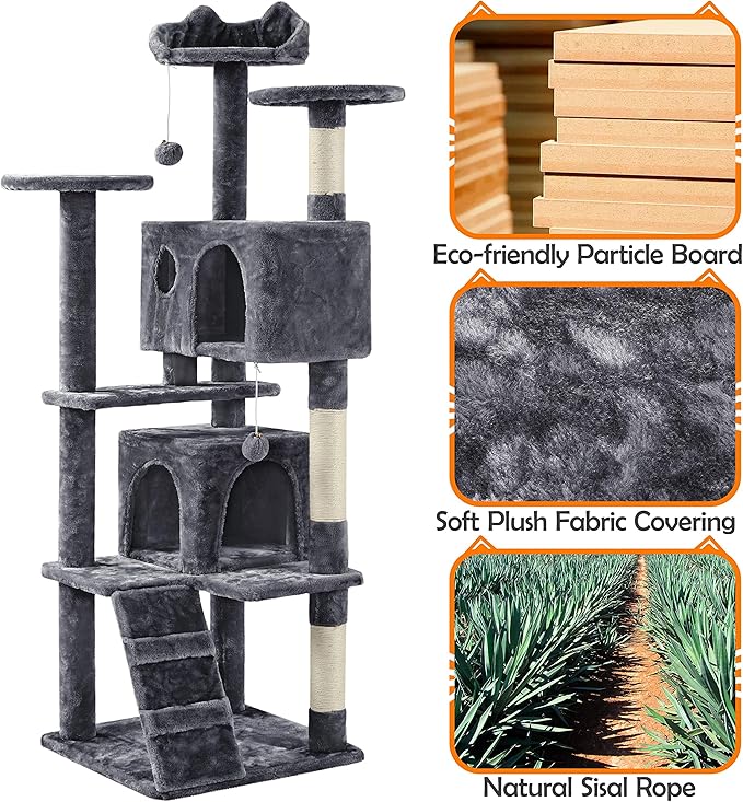 Yaheetech 62in Cat Tree Cat Tower for Indoor Kitty, Pet Furniture w/Double Condo, Scratching Posts, Multiple Platforms and Balls for Kittens, Dark Gray