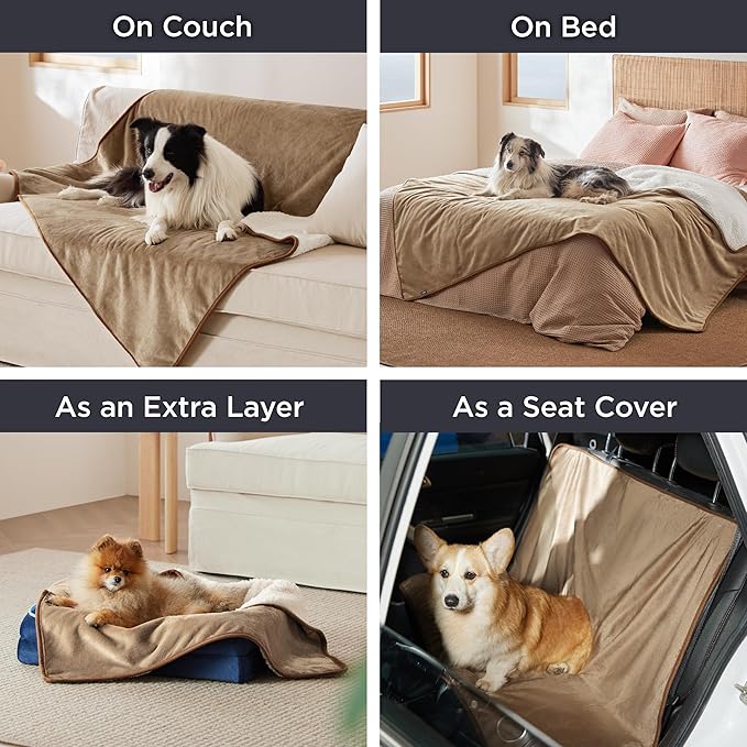 Bedsure Waterproof Blanket for Bed - Sherpa Fleece Waterproof Dog Blankets for Large Dogs, Pet Blankets for Bed/Couch/Dog Crate, Soft Plush Reversible Furniture Protector, Twin Size, 80"x60", Camel