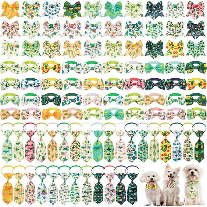 Reginary 100 Pieces Dog Bow Tie Collar Set Include 40 Dog Neckties, and 30 Puppy Bowties, 30 Collar Flowers, Adjustable Pet Ties Grooming for Small Medium Cats Pets Supply(Cactus)