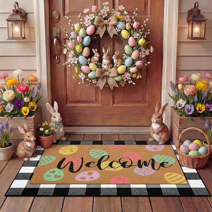 Tinideya 2 Pcs Easter Day Door Mat Eggs Welcome Non Slip Coir Mats Holiday Black and White Plaid Floor Layering Doormats Seasonal for Front Porch Entryway Decor(Easter Eggs)