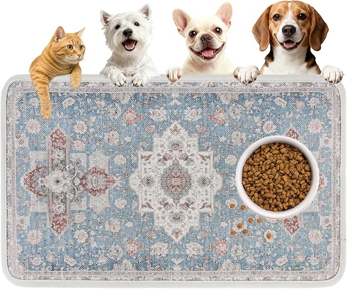 PUPTECK Dog Food Mat, Absorbent Pet Feeding Bowl Mat, Non-Slip Dog Mat for Food and Water, Quick Dry No Stains Cat Placemats Pet Supplies for Messy Drinkers, Blue 12"x20"