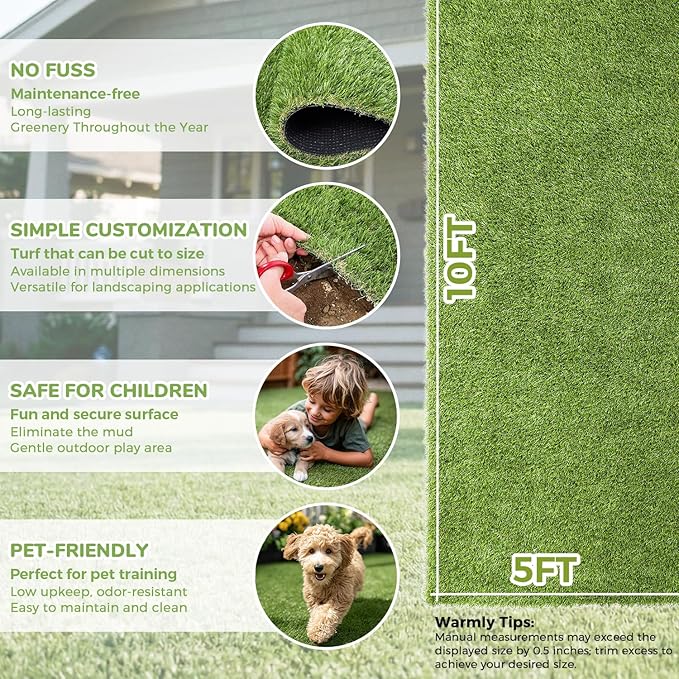 Artificial Grass Rug Indoor Outdoor, 5 x 10FT Fake Grass Turf with Drainage Holes, Realistic Artificial Lawn Rug Dog Pets Mat, Turf Carpet for Garden Lawn Landscape Balcony Patio Backyard Easter Decor