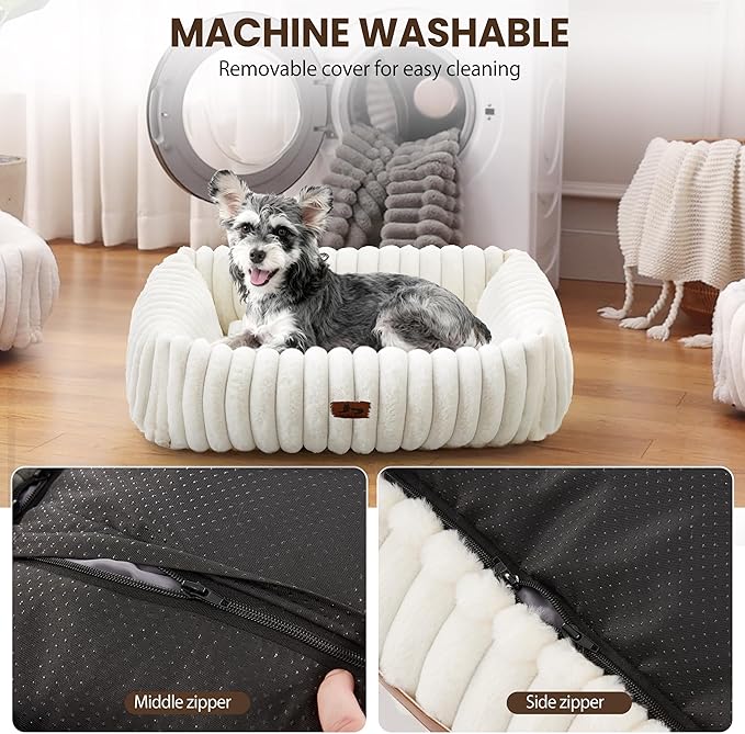 Washable Dog Bed for Small Medium Dogs - Rectangle Orthopedic Corduroy Fleece Pet Bed with Removable Cover and Nonskid Bottom, Calming Puppy Bed Soft Pet Sofa, Cream(20x19x6inchs)