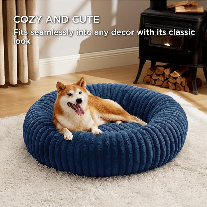 Bedsure ComfyFleece™ Donut Large Dog Bed - Washable Faux Fur, Corduroy Fleece & Anti Slip Bottom, Round Pet Beds with Removable Cover, Night Blue, 36x36x8 inches