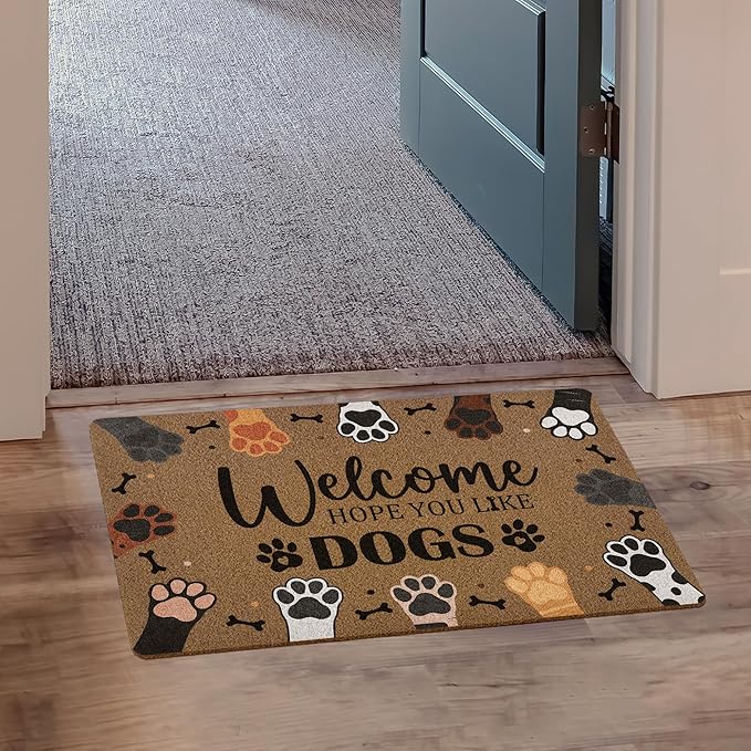 Welcome Hope You Like Dogs Door Mat, Cute Dog Paws Print Artificial Coir Front Door Mat Indoor Outdoor Entrance, Funny Dog Paw Welcome Doormat Rug for Porch Entryway Patio Decor, 17X30 Inch