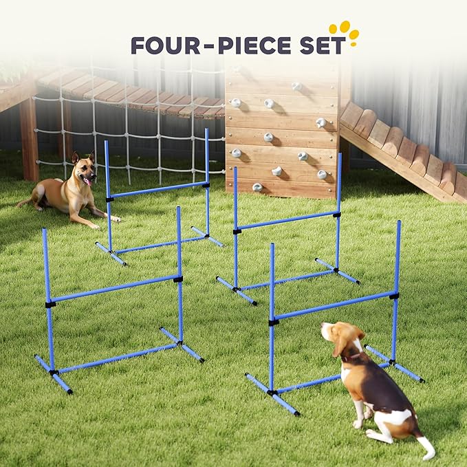 PawHut 4 Piece Dog Agility Training Equipment for Dog Agility Course with Adjustable Height Jump Bars, Included Carry Bag, & Displacing Top Bar, Blue