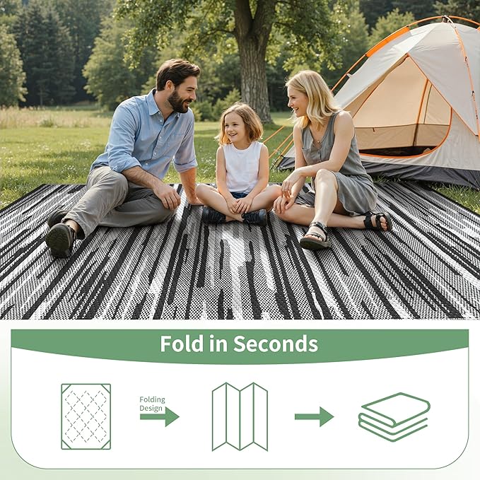 GENIMO Outdoor Rug for Patio Clearance, 9'x12' Waterproof Camping Mat, Reversible Plastic Straw Rugs for RV, Camper, Balcony, Backyard, Picnic, Deck (Black White)