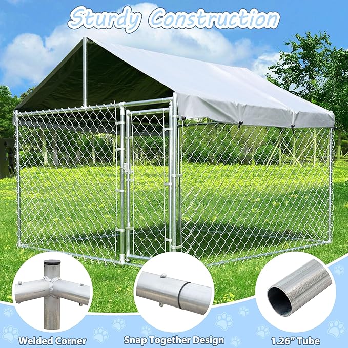 HITTITE Extra Large Outdoor Dog Kennel, Anti-Rust Dog Kennel Outside with Roof, Galvanized Chain Link Dog Runs for Outside with Waterproof UV-Resistant Cover and Secure Lock