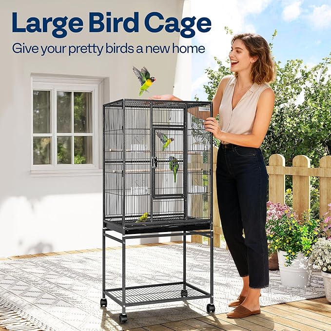 VIVOHOME 54 Inch Wrought Iron Large Bird Flight Cage with Rolling Stand for Parakeets Canaries Cockatiels Lovebirds Conures, Black