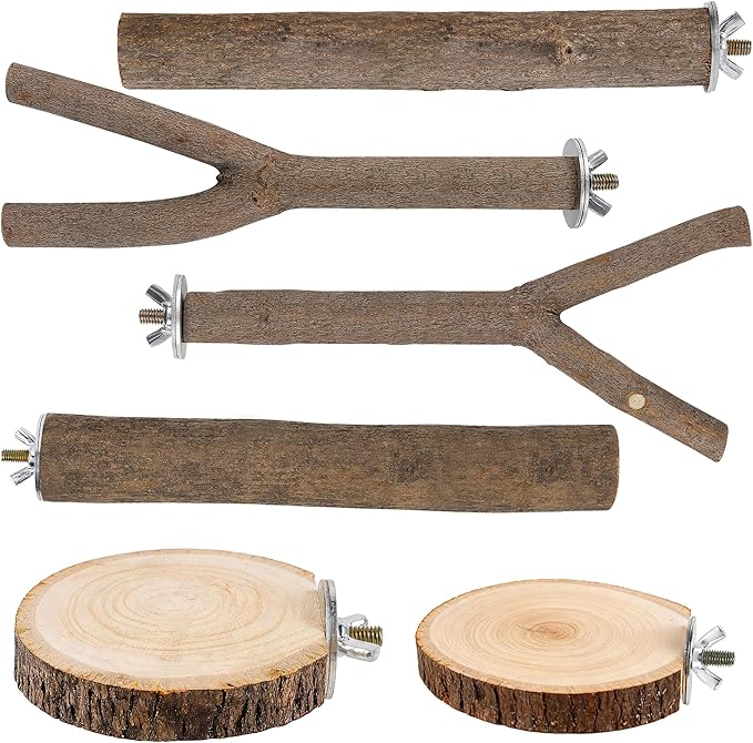 8 PCS Bird Perch Set, Natural Birch Wood Straight & Forked Perches with Platforms for Parakeets, Cockatiels, Conures, Lovebirds - Cage Accessories for Climbing & Exercise