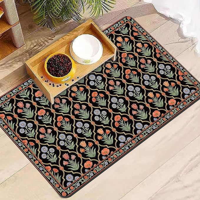 Pet Feeding Mat 20 x 12 Inch, Black Floral Pet Placemat Absorbent Quick-Dry for Food and Water, Waterproof Non Slip Rubber Bowl Pad Mat for Floors