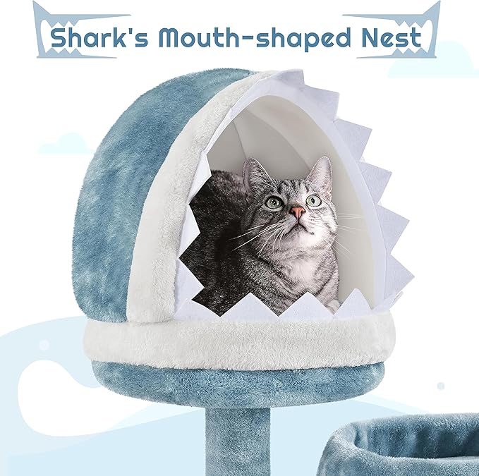 Yaheetech 61in Tall Ocean-Themed Cat Tree, Multi-Level Cat Tower with Shark's Mouth-Shaped Nest, Fish-Shaped Platform, Sisal Scratching Posts, Plush Pet Bed Furniture as Kitty Activity Center