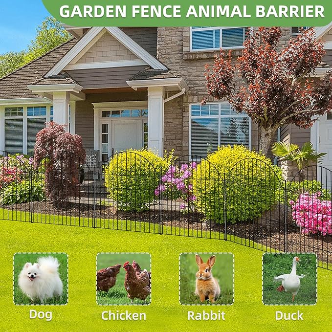Decorative Metal Garden Fence with Gate Lock 10 Panels, 32in (H) x 23.6ft (L) No Dig Dog Fence Outdoor for Yard, Temporary Rustproof Metal Wire Rabbit Dog Garden Border Fencing for Patio