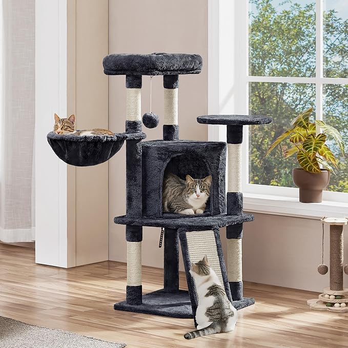 Yaheetech 42in Cat Tree Tower for Indoor Cats, Kitten House with Large Perch & Scratching Posts & Cozy Condo & Scratching Ramp, Pet Furniture Activity Center, Dark Gray
