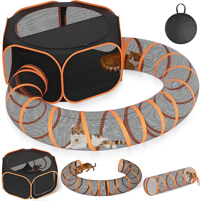 Cat Outdoor Enclosures Tunnel Playpen - Portable Playpen Indoor Collapsible Cats Enclosure with Shade Cover 2 Tunnels for Large Small Pets Animal Outside Catio Happy Travel Camping Back Yard