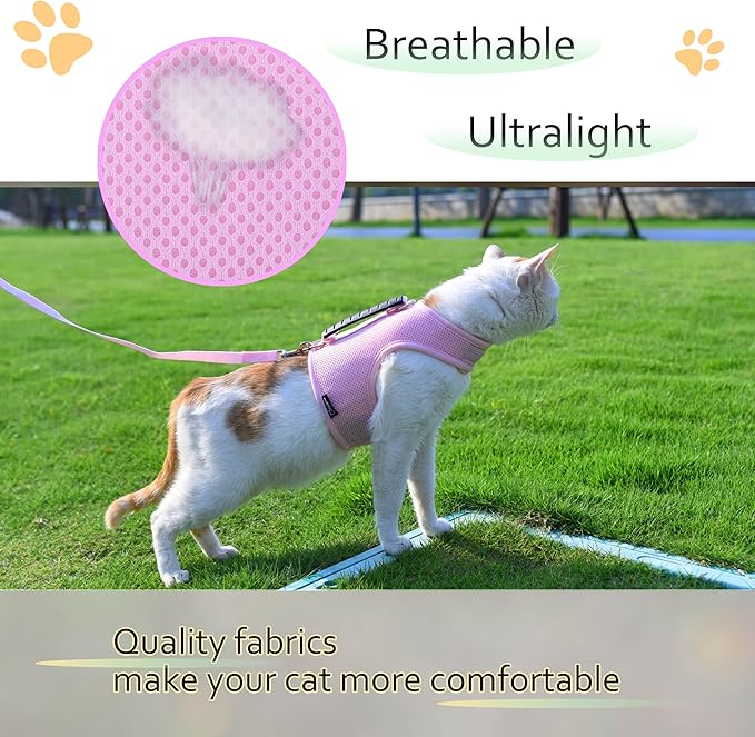 Kitty Harness and Leash for Walking Escape Proof Breathable Mesh Fabric, Solid Pink, X-Small, Adjustable Cat Walking Jackets with Handle, Padded Stylish Cat Vest