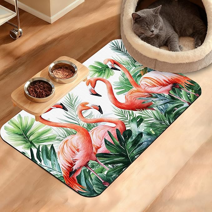 Pink Flamingo Dog Food Mat,Plam Leaves Absorbent Pet Feeding Mat for Food and Water Bowl,Quick Dry Dog Placemat Non Slip Rubber Backing Waterproof Pet Supplies 16" x 24"