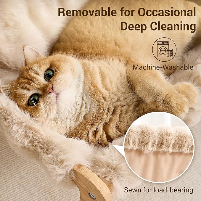 Solid Wood Cat Couch Bed for Indoor Cats, Modern Cat Sofa with Ultra-Soft Plush Surface Washable, Reclined Backrest, Elevated Plush Cat Lounge for Small to Adult Cats, Soft Khaki