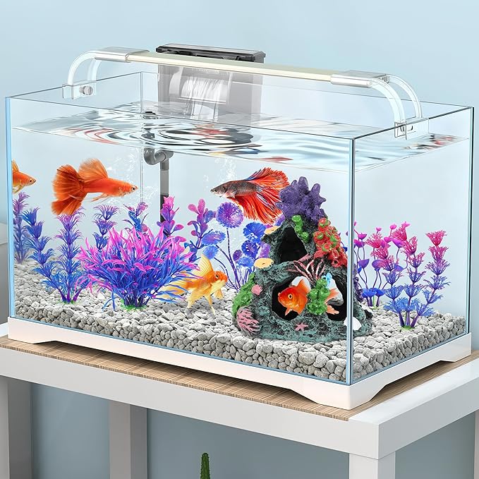 MyLifeUNIT Fish Tank Decorations, 7 Pieces Aquarium Plants Set with Coral Reef Decoration Mountain Cave Ornament for Betta, Goldfish, Shrimp to Breed, Play and Rest (Purple)