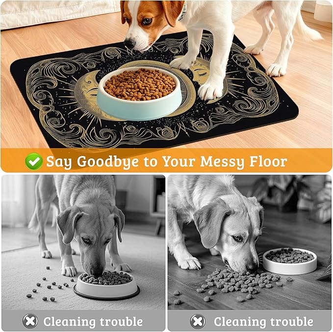 Dog Bowl Mat,Moon Sun Pet Feeding Mat for Floors Waterproof,Boho Vintage Absorbent Dogs Placemat for Food and Water Quick Dry Pet Cat Feeding Mats with Non Slip Bottom 16" x 24"